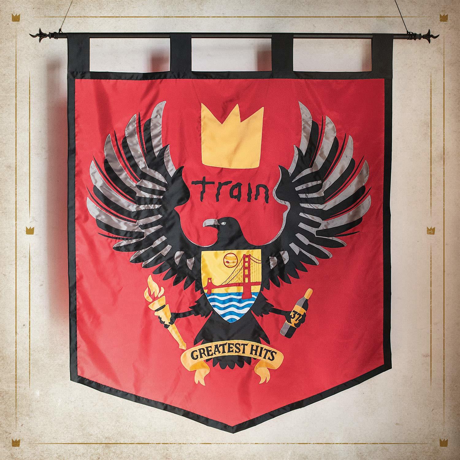 Ein Banner mit rotem Hintergrund, einem schwarzen Adler mit goldener Krone und dem Wort 'Train'.