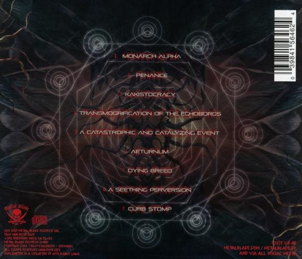 Albumcover mit dunklem Hintergrund und geometrischem Design in Rot. Eine Trackliste ist sichtbar.