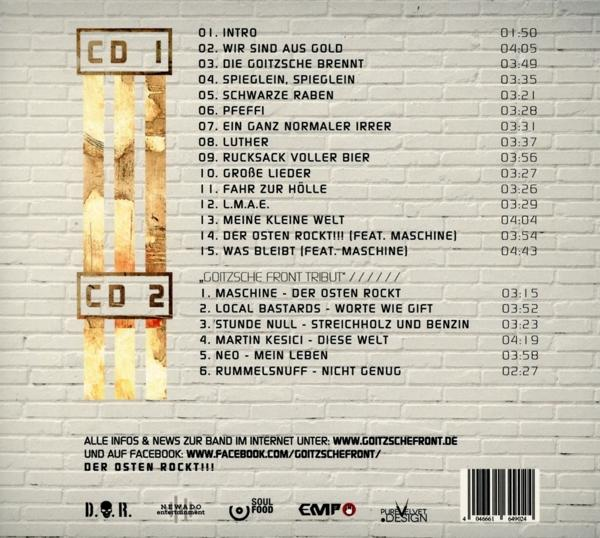 CD-Trackliste auf schwarzem Hintergrund, mit pinkem, violettem und weißem Design.