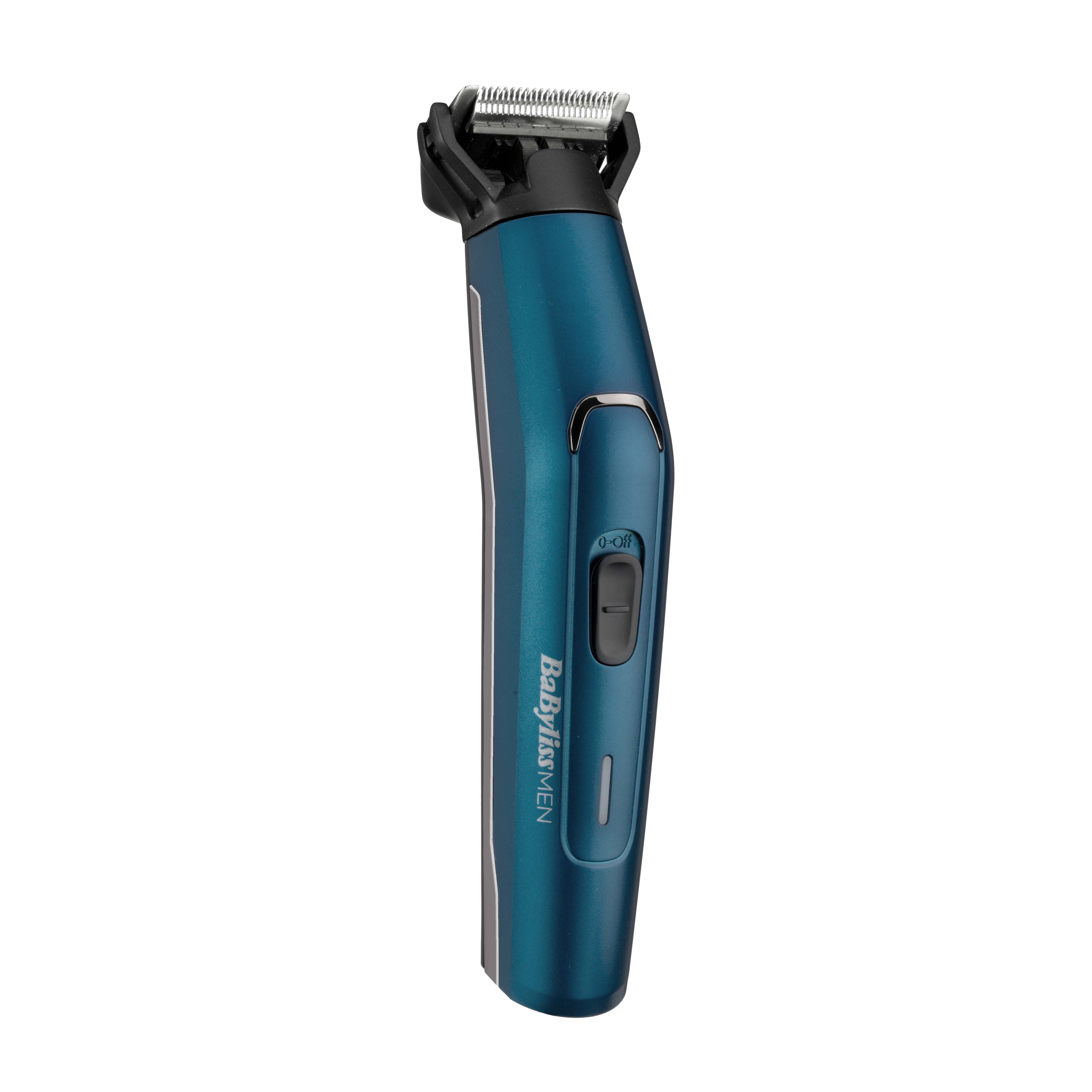 Tagliacapelli elettrico blu con sfondo nero.