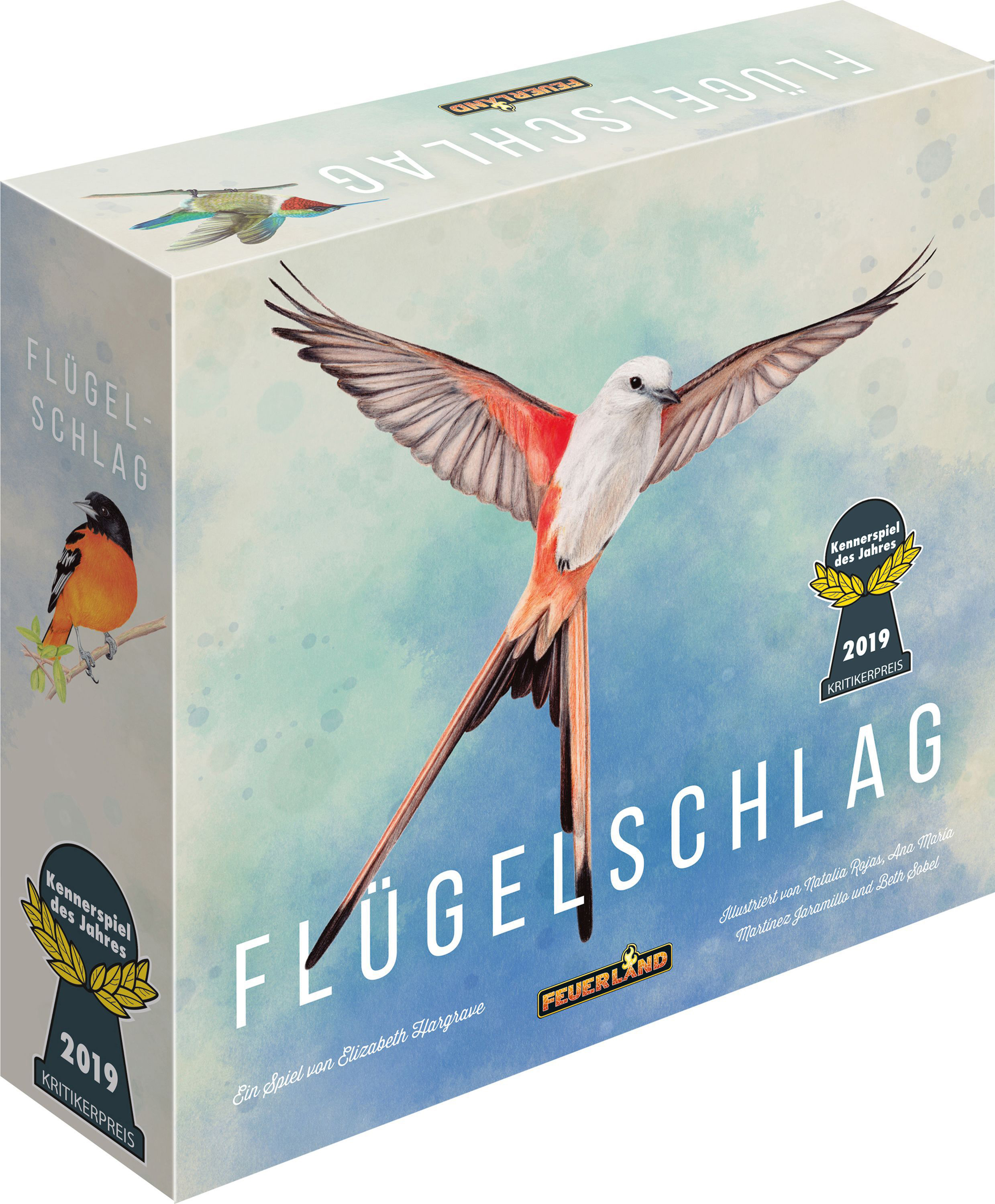Brettspielbox: 'Flügelschlag'. Artwork mit Vögeln und Text, Auszeichnungen auf der Box.