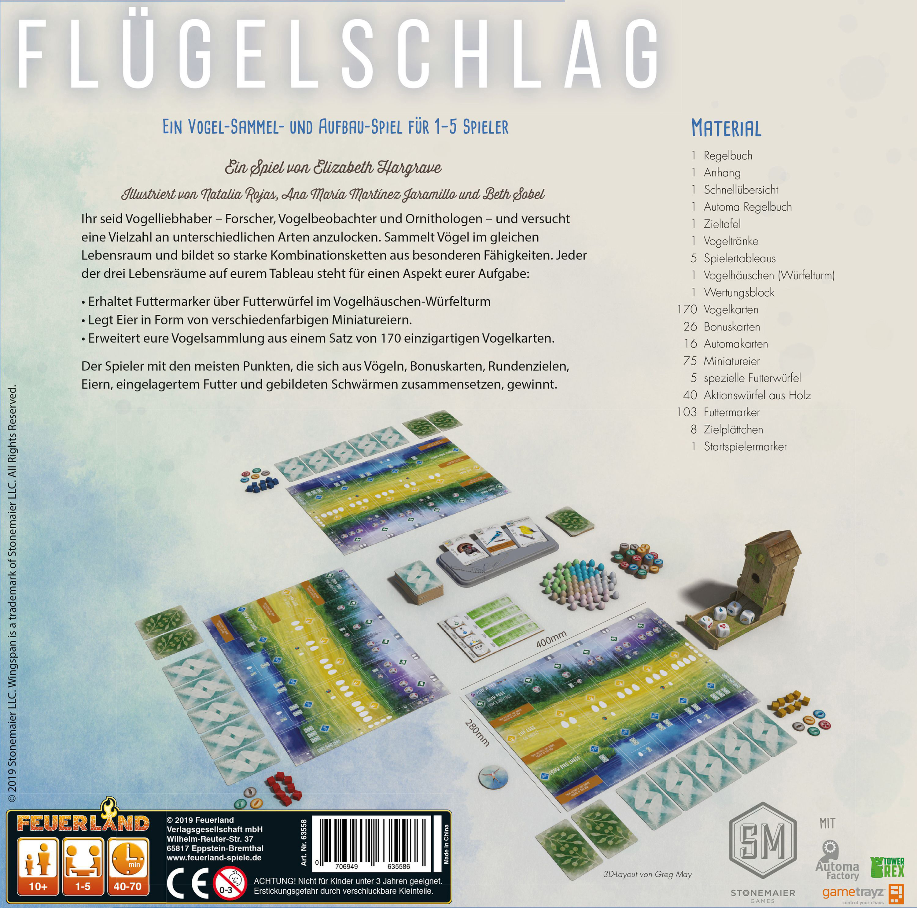Brettspielbox mit Spielsteinen, Text und farbenfrohem Design.