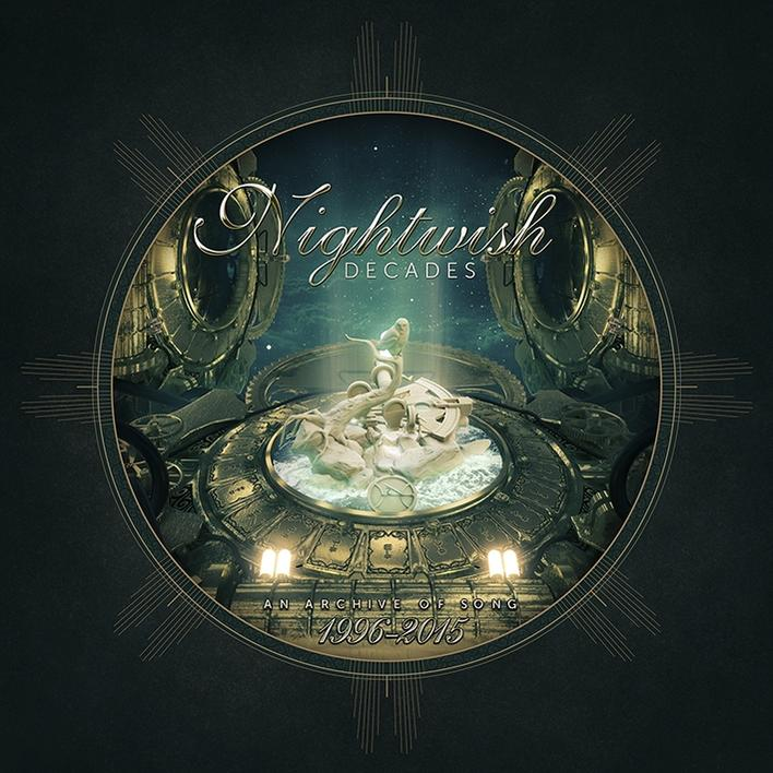 Albumcover mit kreisförmigem Design mit himmlischem und mechanischem Thema. Nightwish-Logo oben.
