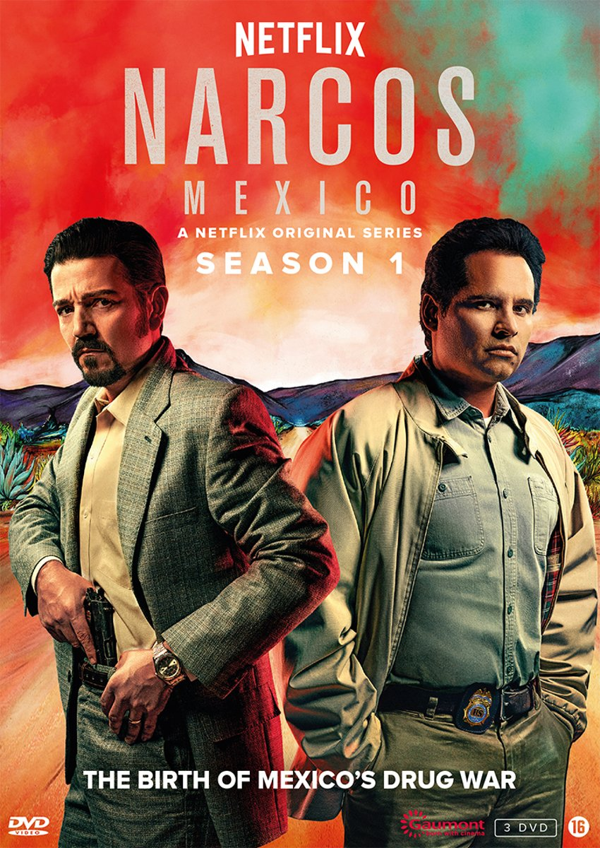 Couverture du DVD Narcos : Mexico avec deux hommes, du texte et le logo Netflix. Saison 1.