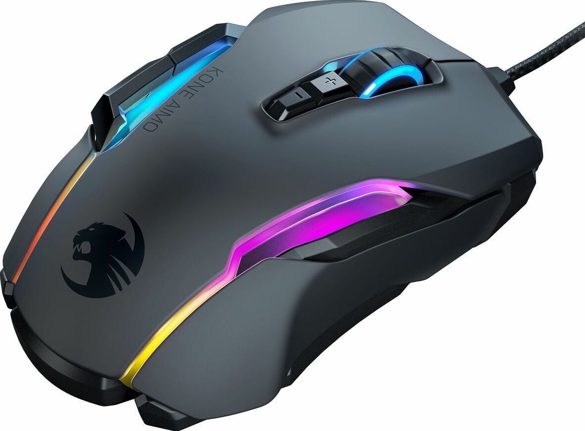 Eine schwarze Roccat Kone AIMO Gaming-Maus mit farbenfroher LED-Beleuchtung.