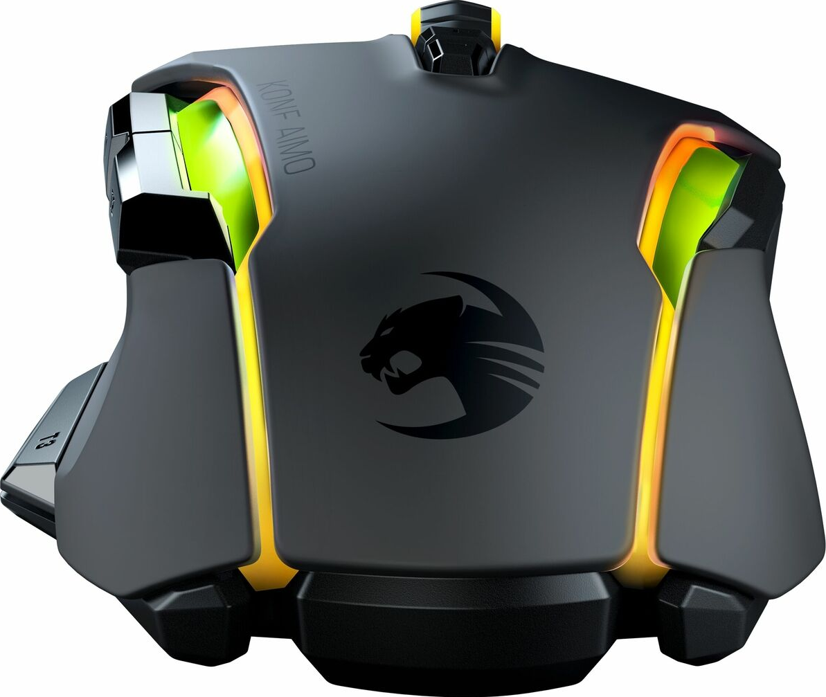 Gaming-Maus mit schwarzen und gelben Akzenten. Die Maus hat ein Logo und ein paar Tasten.
