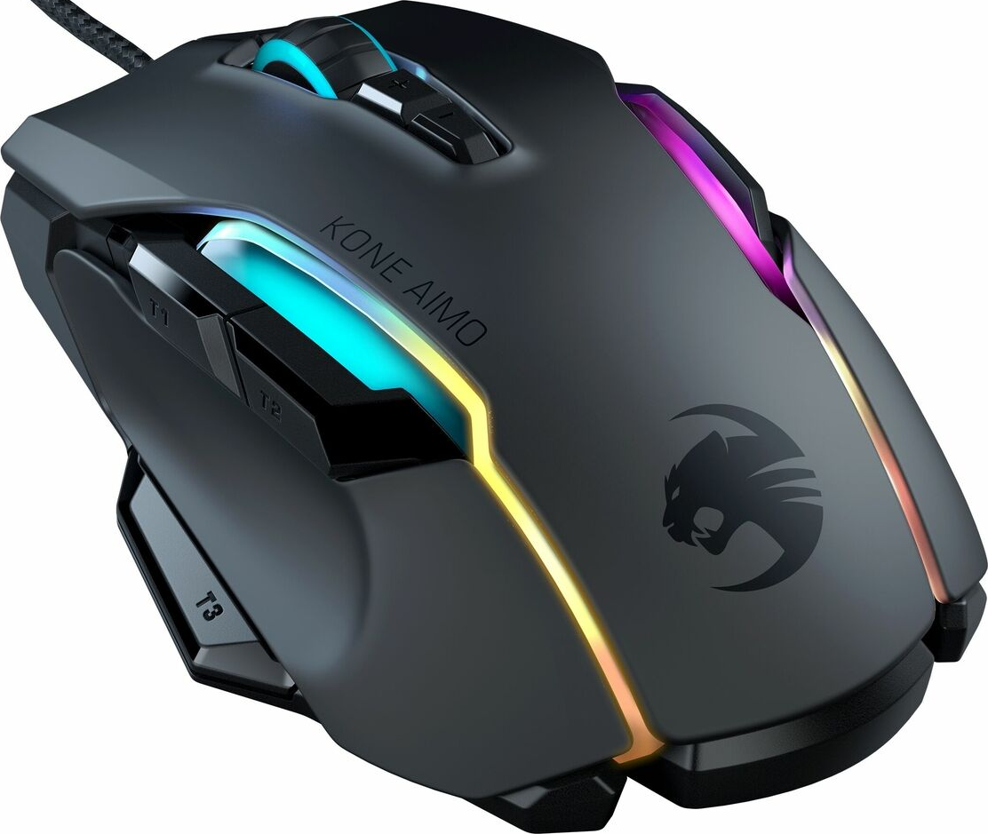 Schwarze Gaming-Maus mit RGB-Beleuchtung. Verfügt über Tasten, Logo und einen Kabelanschluss.