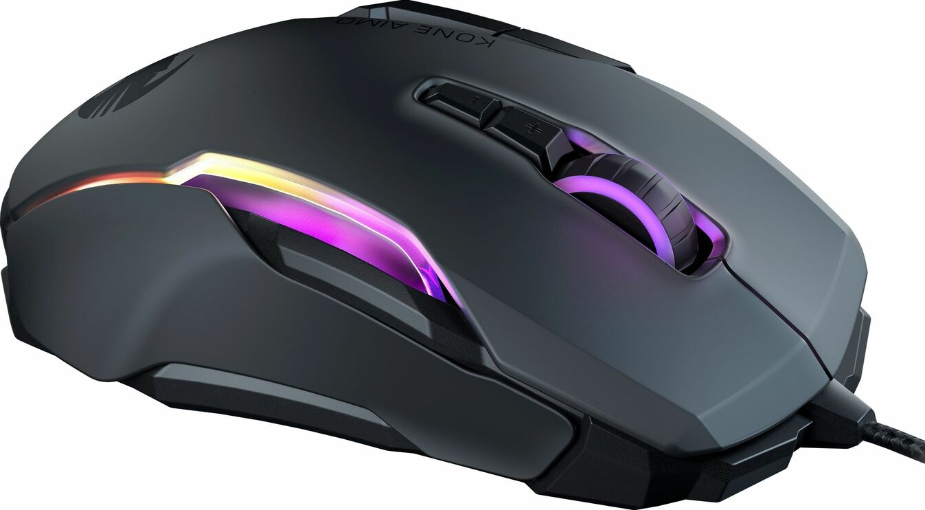 Schwarze Gaming-Maus mit farbiger Beleuchtung, mehreren Tasten und Kabelanschluss.
