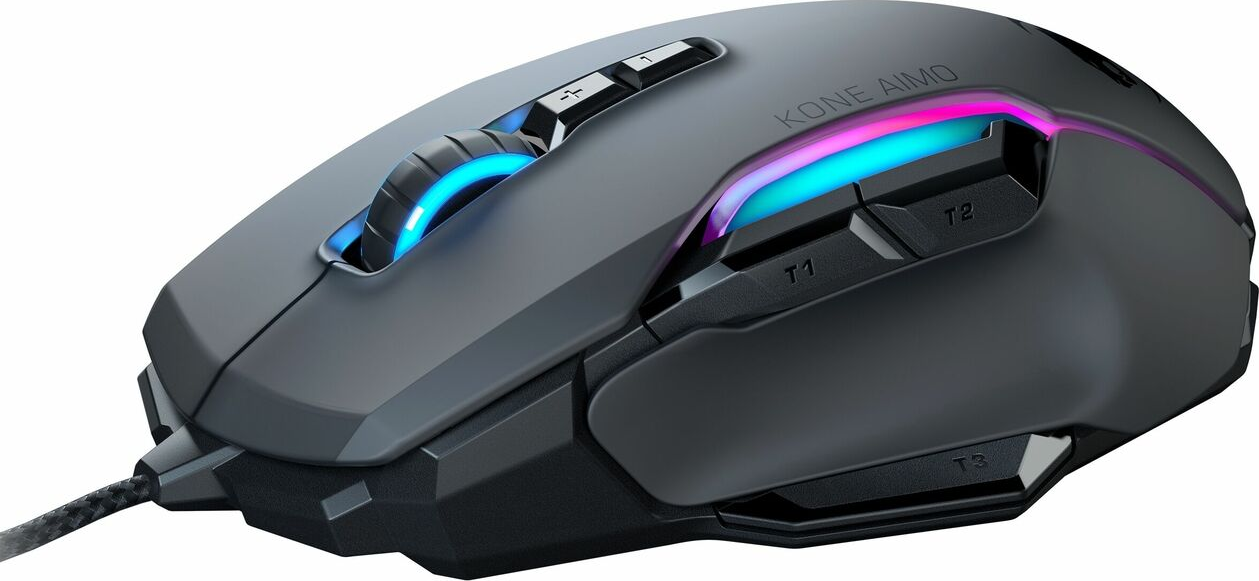 Graue Gaming-Maus mit bunten Lichtern, Seitentasten und strukturierter Oberfläche.