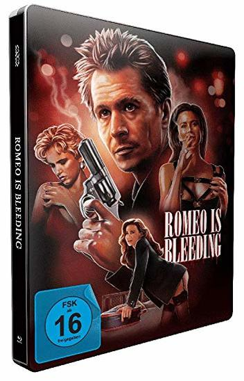 Eine DVD-Hülle mit dem Film 'Romeo Is Bleeding'. Es zeigt Schauspieler und eine Pistole.