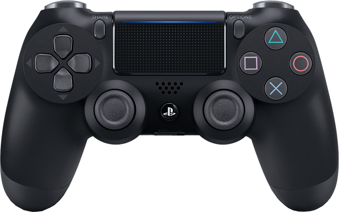 A black PlayStation 4 controller with buttons: share, options, and the four shapes.