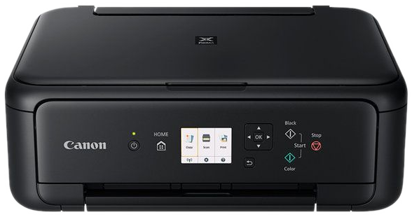 Zwarte Canon printer met een scherm en knoppen. Toont 'Canon' en 'Pixma'.