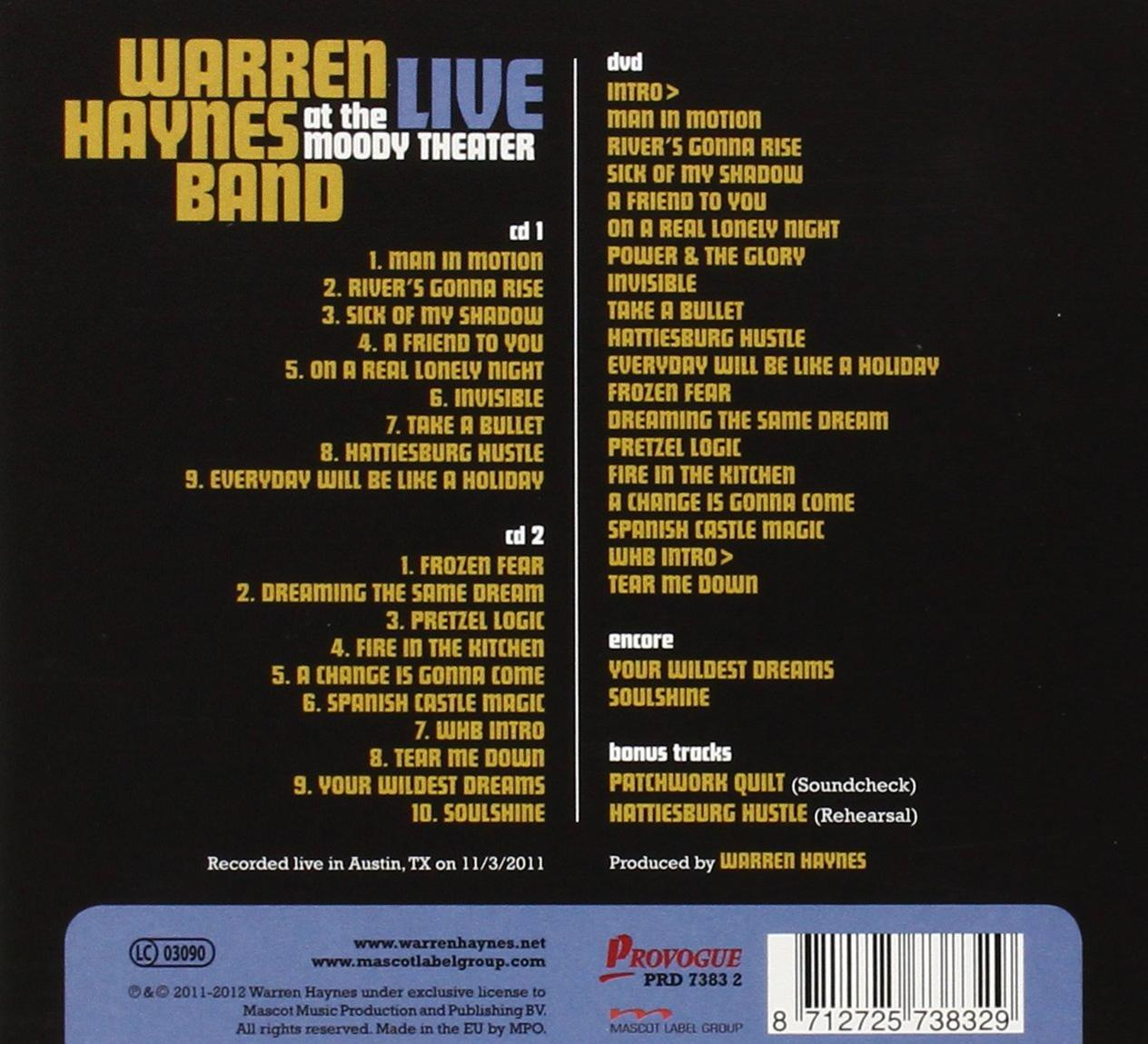 CD-borító dalokkal: Warren Haynes Band Live a Moody Theaterben, Austin, TX.