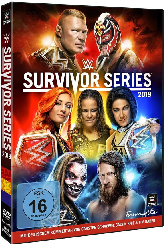 DVD-Cover mit Wrestler-Bildern. Der Text lautet "Survivor Series 2019" mit einer Bewertung und anderen Texten.