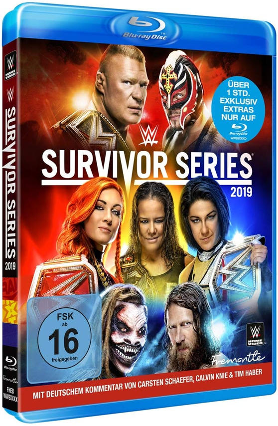 DVD-Cover von WWE Survivor Series 2019. Fotos von Wrestlern, Text, Blu-ray-Logo.
