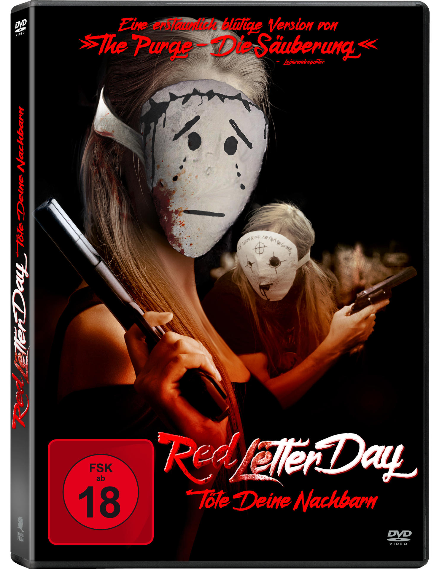 Filmcover. Zwei maskierte Personen halten Waffen. Roter Titel: Red Letter Day.