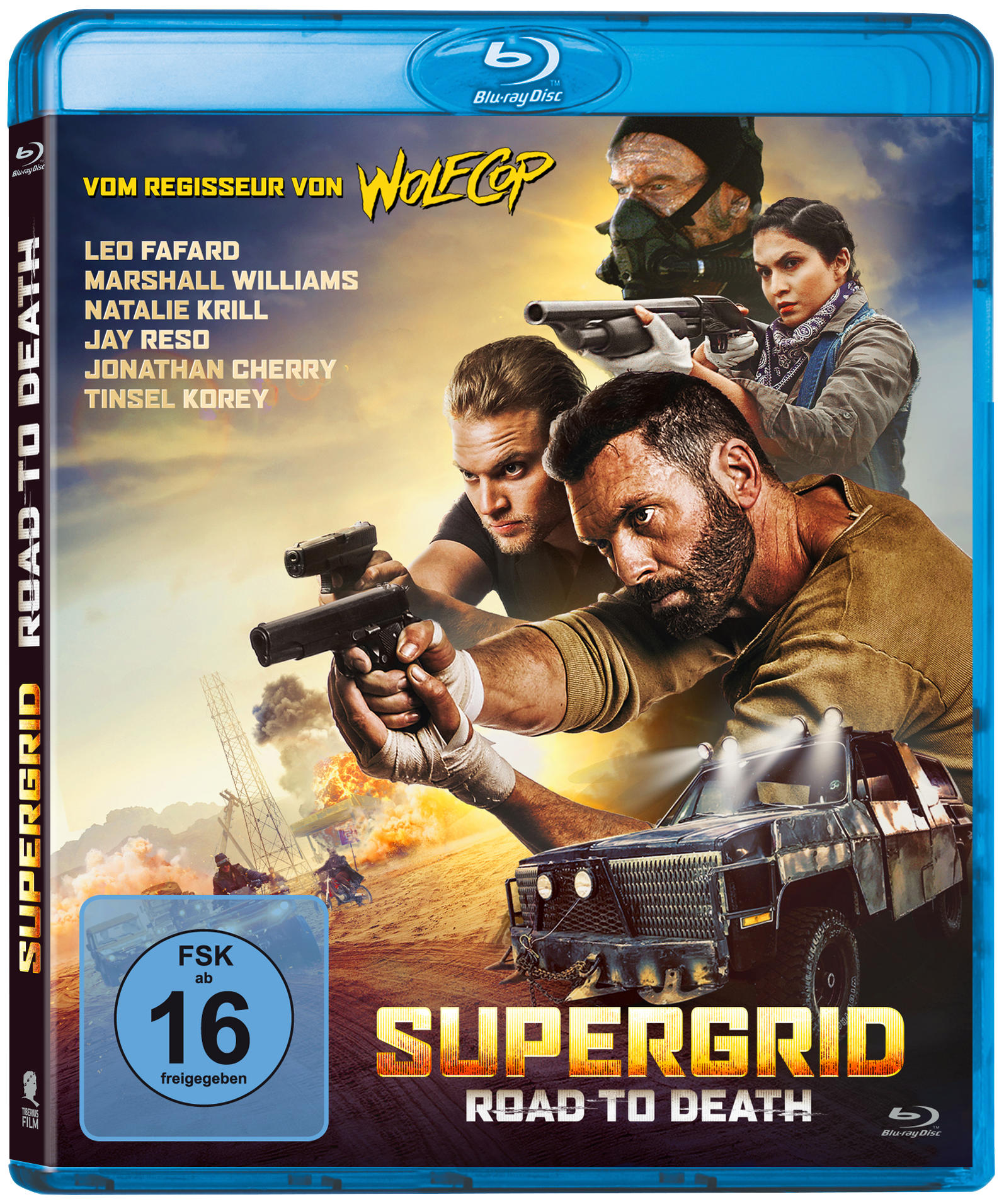 Blaue Blu-ray-Hülle mit einem Filmplakat. Das Plakat zeigt Personen mit Waffen und ein Auto.