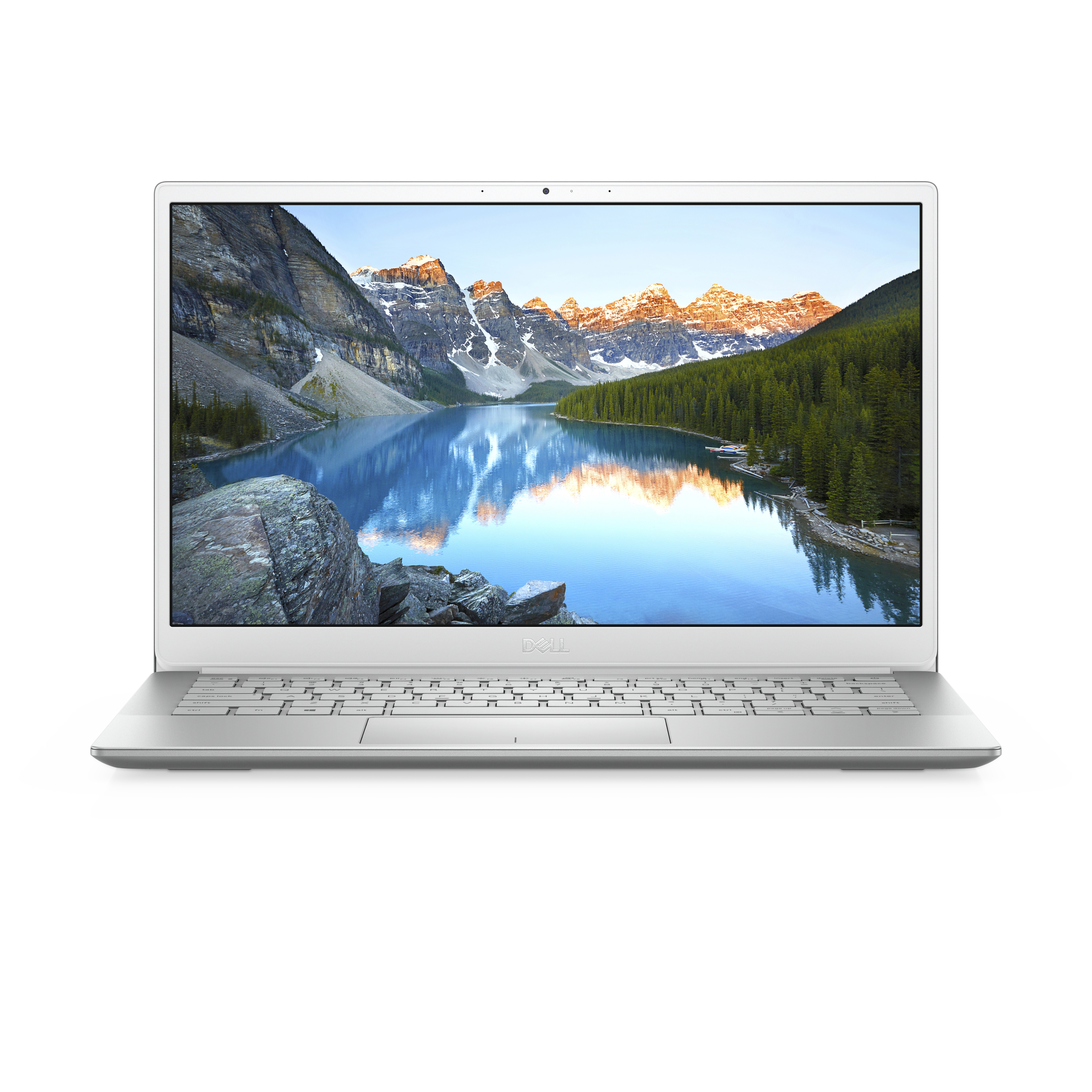 Ein silberner Laptop mit einem bergigen See-Hintergrund auf dem Bildschirm.