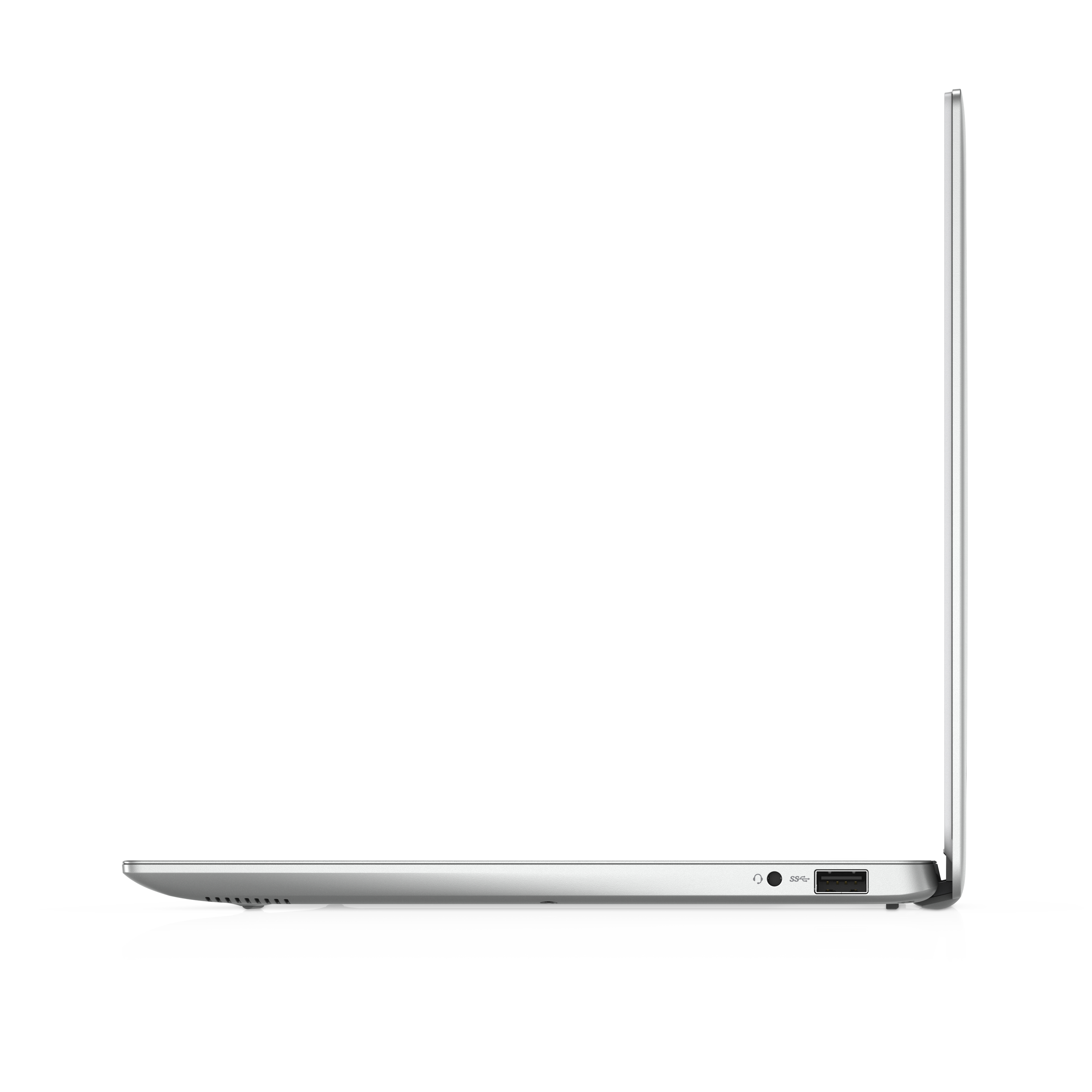Seitenansicht eines geschlossenen silbernen Laptops mit einem USB-Anschluss und einer Audiobuchse vor weißem Hintergrund.