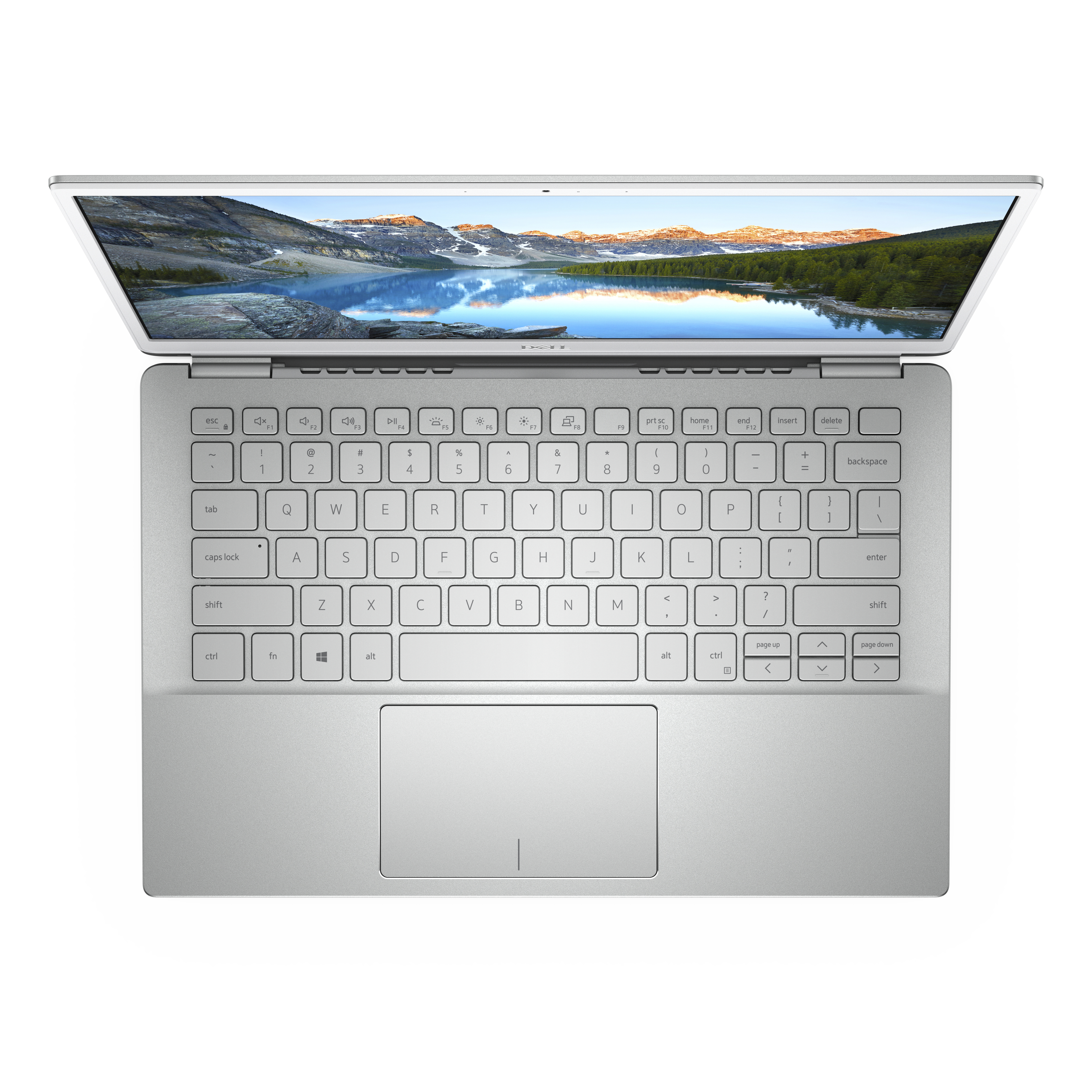 Top-down-Ansicht eines silbernen Laptops mit beleuchteter Tastatur und Berührungsbildschirm mit Berglandschaft.