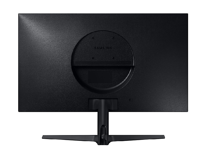 Monitor de computadora negro, vista trasera, con el logo de Samsung y soporte.