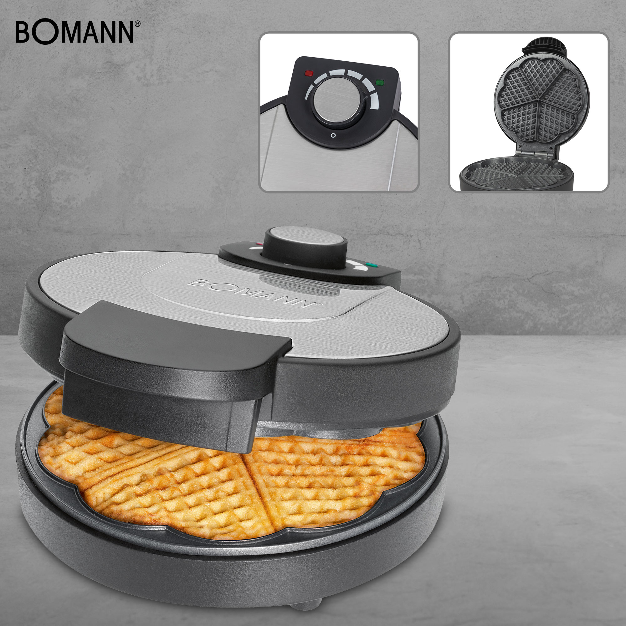 Bomann Waffeleisen offen, Waffeln sichtbar, mit Nahaufnahmen.