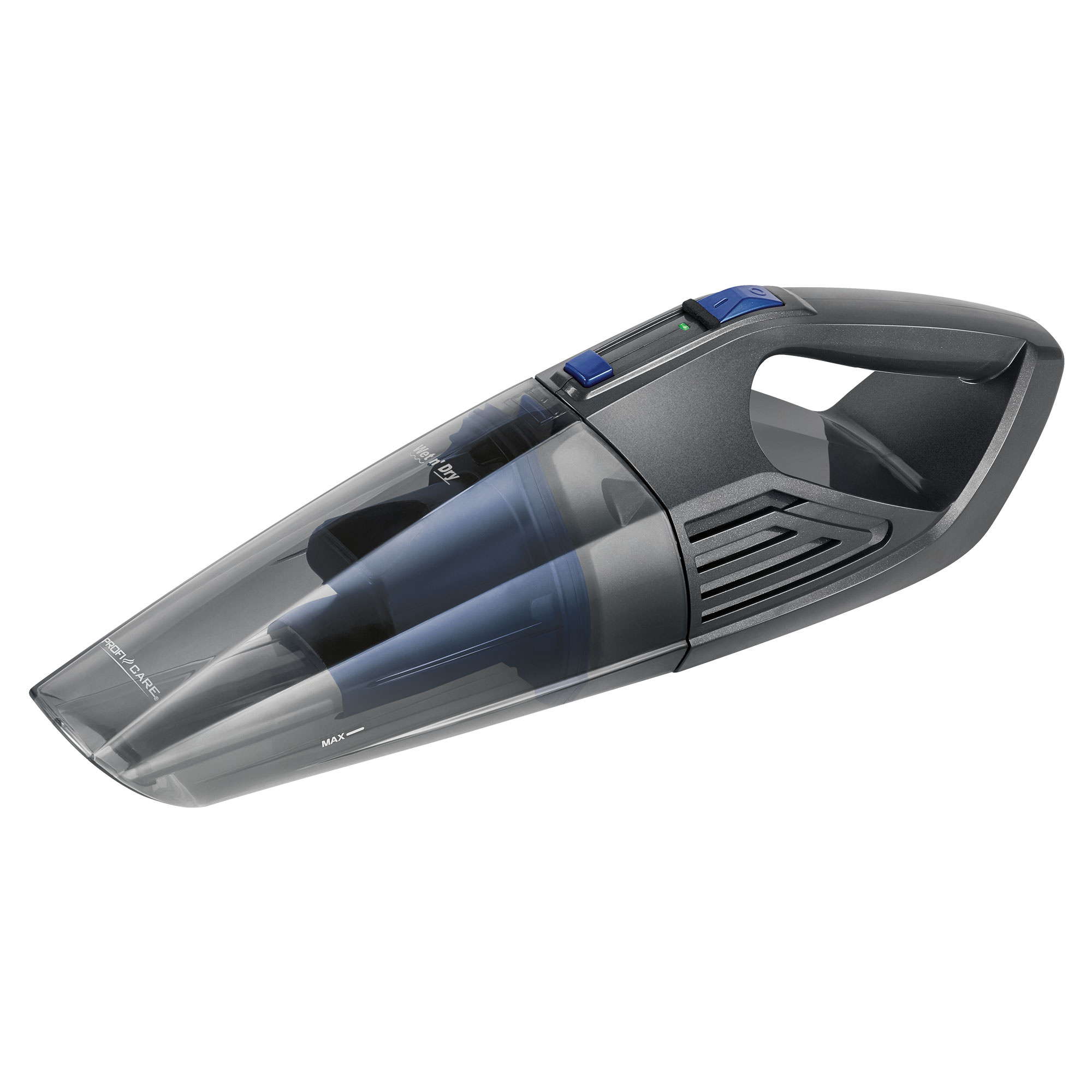 Ein schwarzer Handstaubsauger. Es hat einen transparenten Körper und zwei blaue Knöpfe.