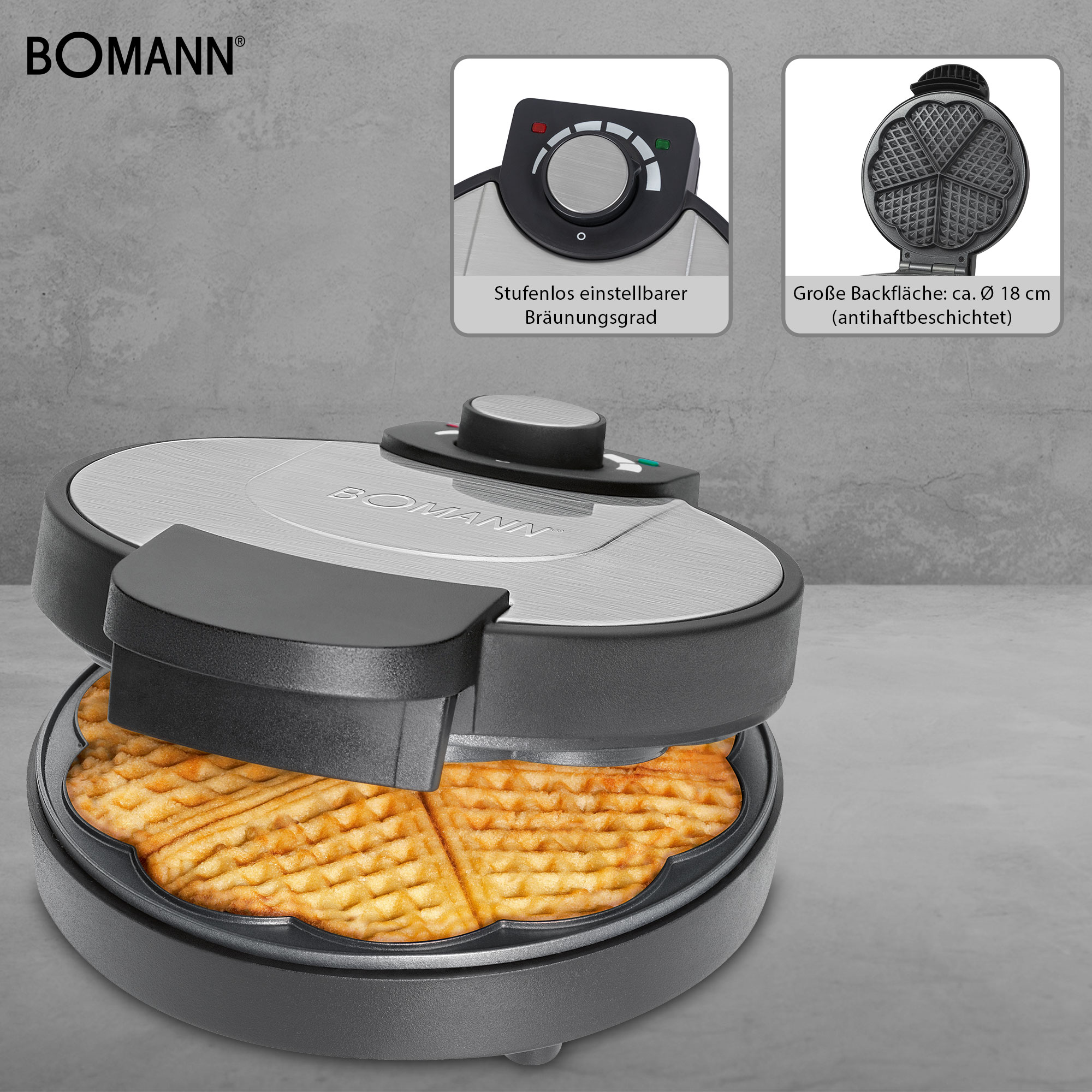 Waffeleisen mit Waffeln darin. Details zur Temperaturregelung und zur Backfläche sind sichtbar.