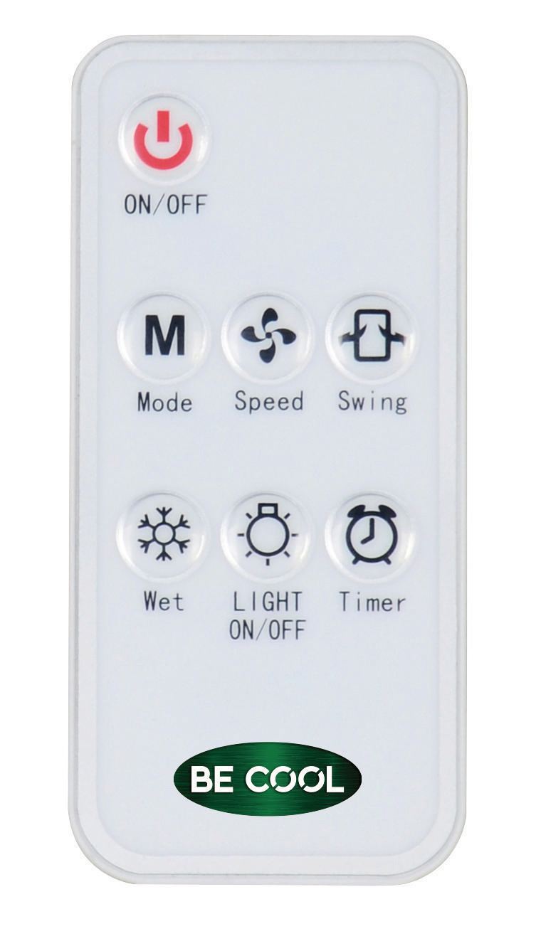 Weiße Fernbedienung mit Tasten für Ein/Aus, Modus, Geschwindigkeit, Schwenken, Nass, Licht und Timer.