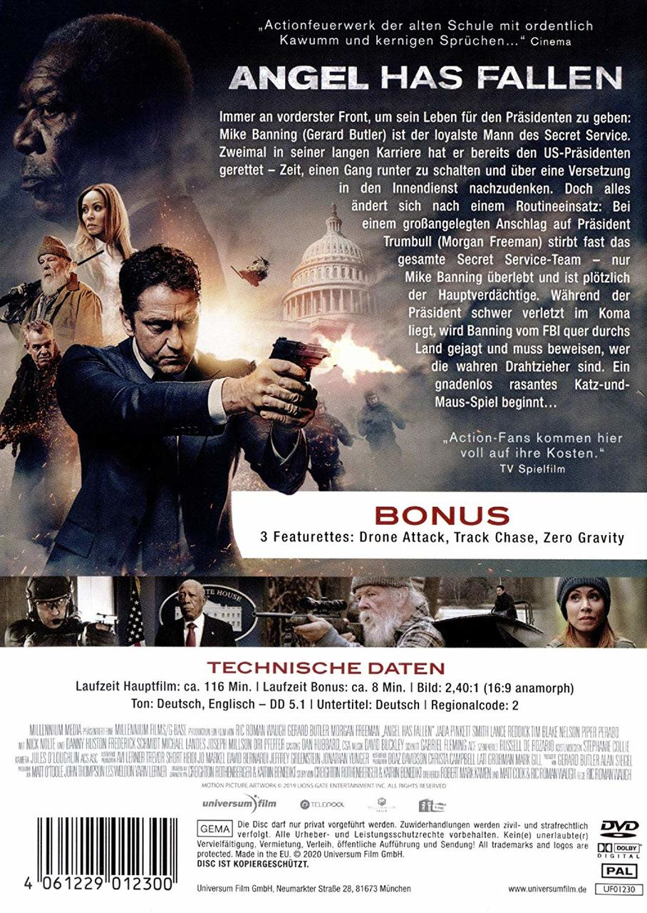 DVD-Cover von Angel Has Fallen mit Schauspielern und Text. Hintergrund ist eine Filmszene.