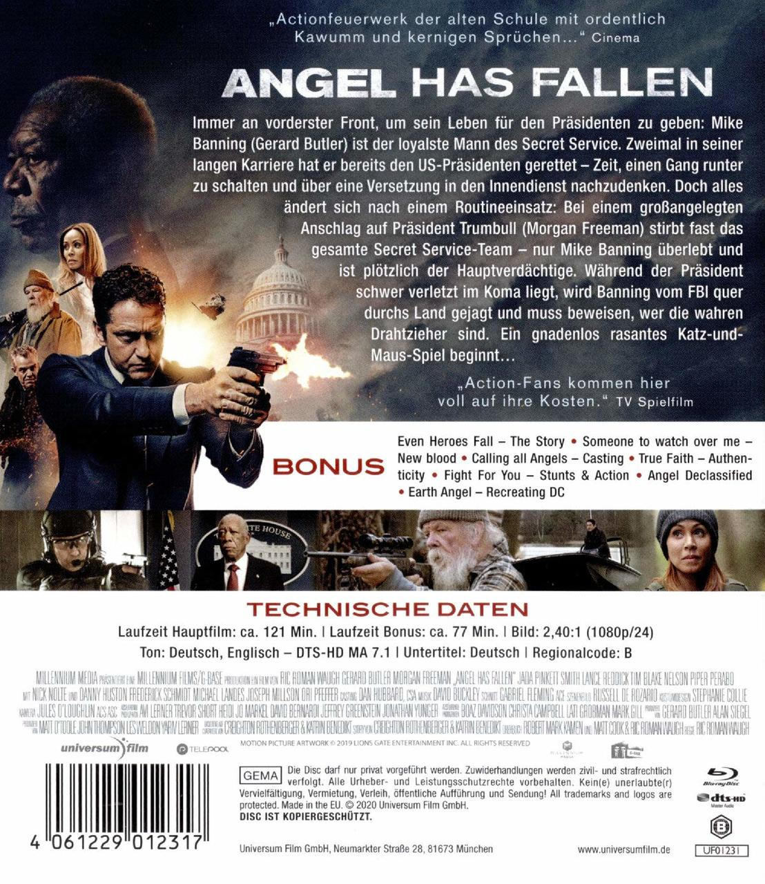 DVD-Cover mit Filmposter. Szenen von Schauspielern, Titel: Angel Has Fallen. Text über den Film.