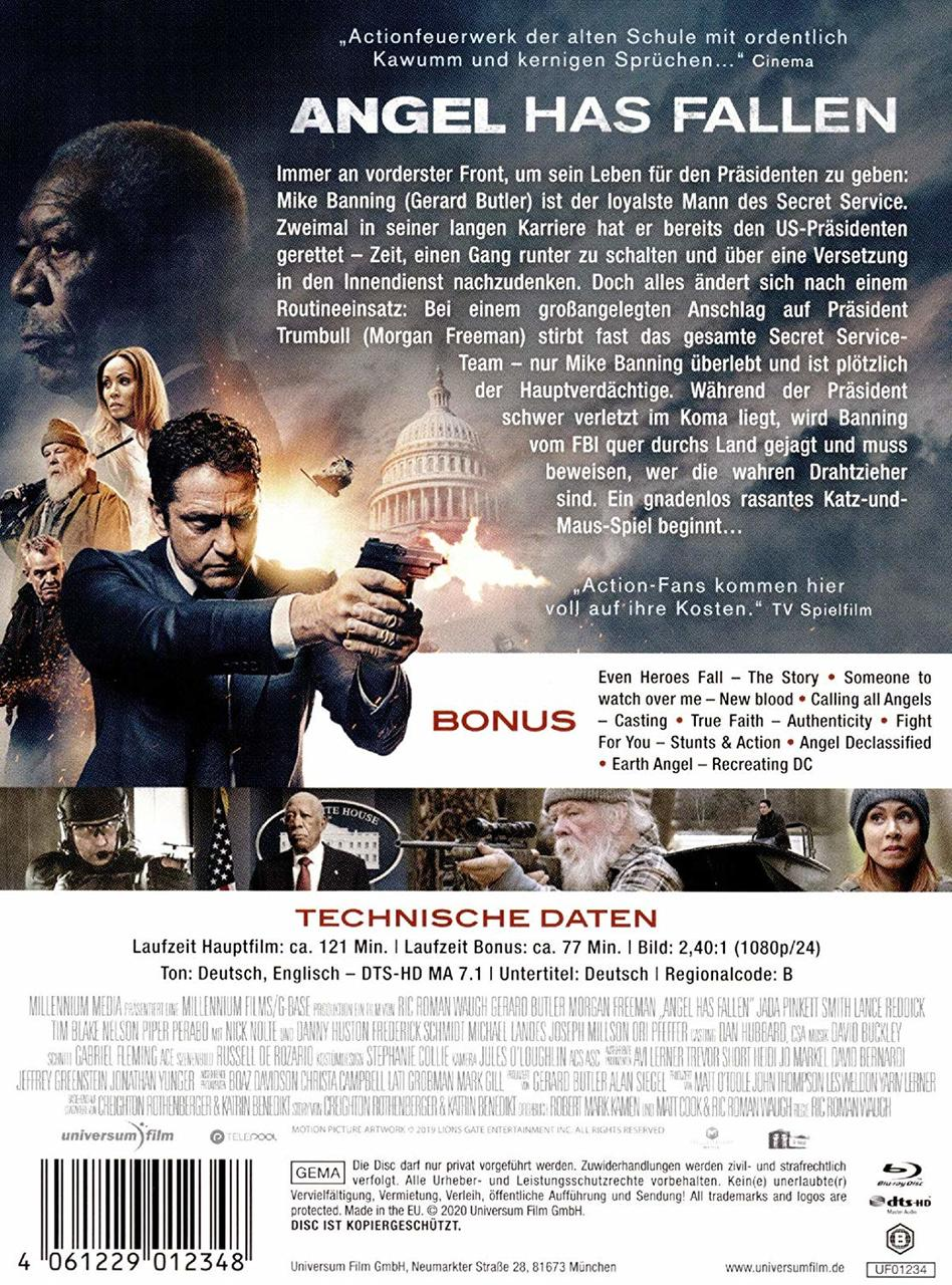 Die Rückseite der DVD des Films „Angel Has Fallen“ mit Bildern und Text.