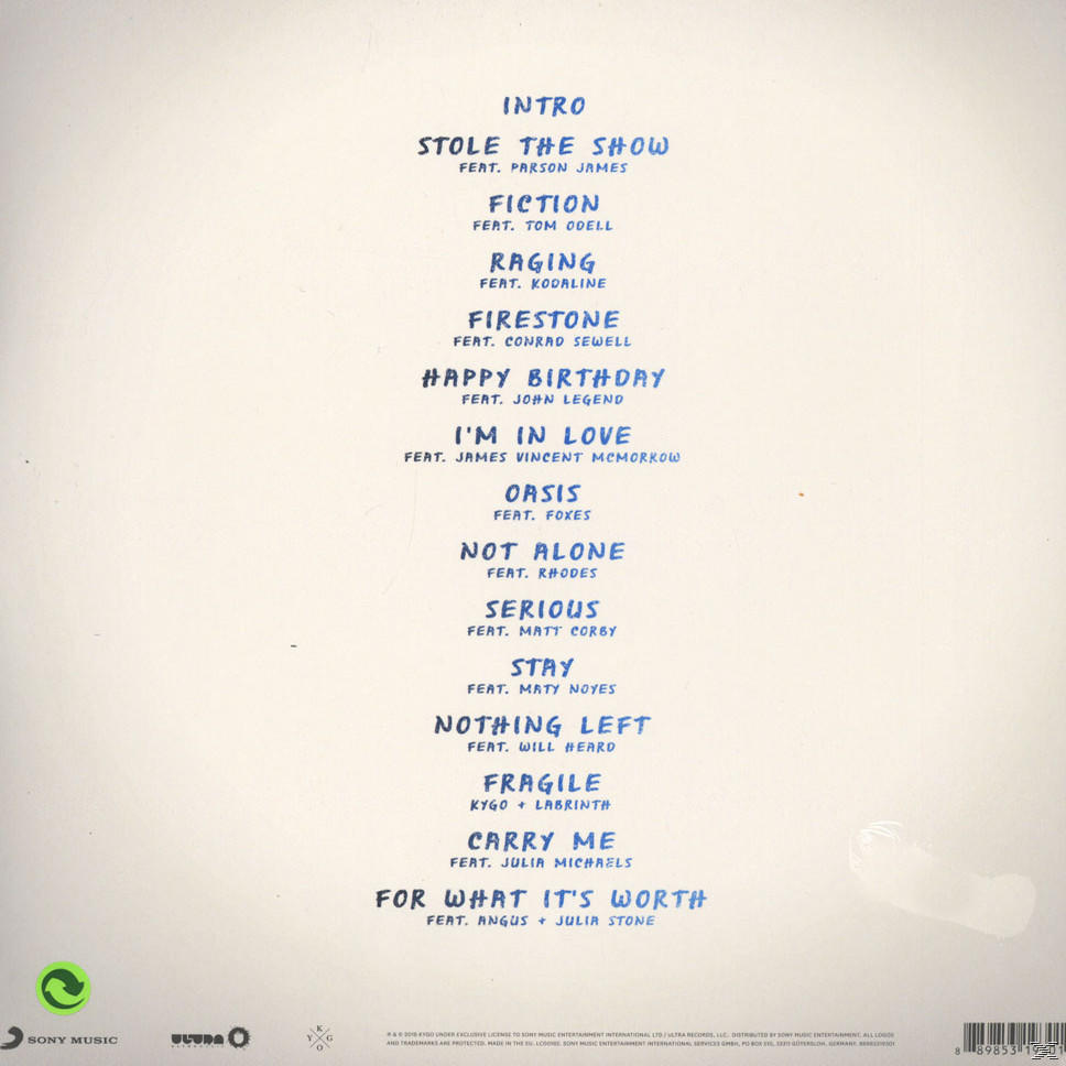Egy Kygo album borítójának hátulja, kék és fehér számlistával.