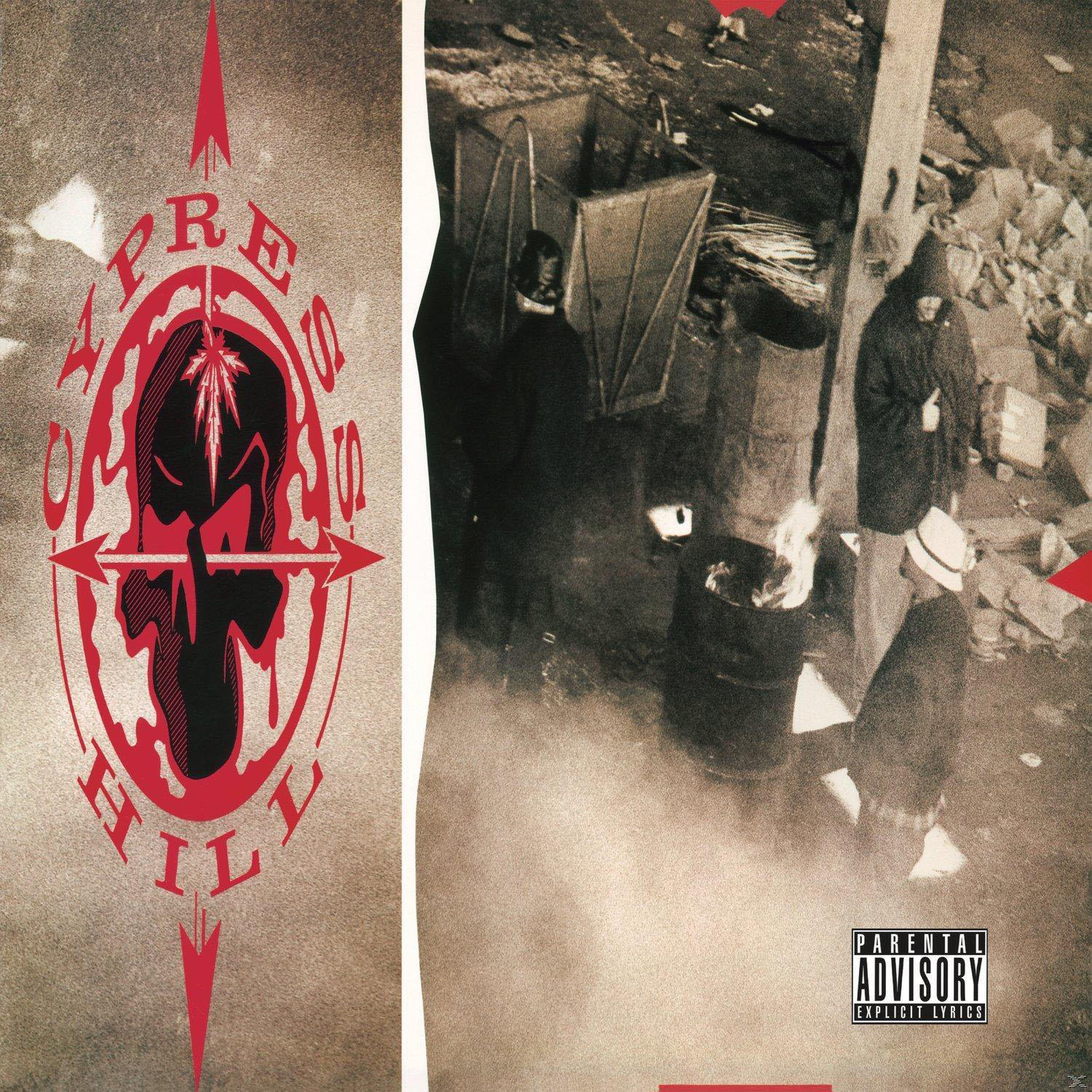 Albumcover: Cypress Hill Logo. Menschen im Hintergrund mit Rauch und Feuer. Rotes und graues Farbschema.
