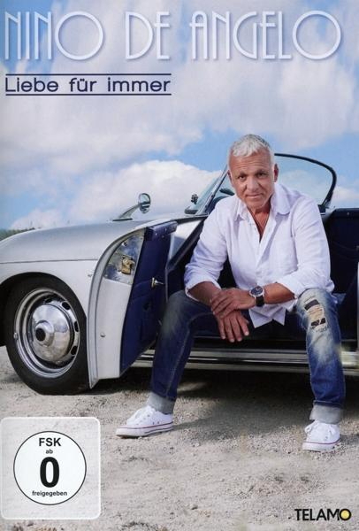 Albumcover mit Nino De Angelo, der in einem silbernen Auto sitzt, und Text: 'Liebe für immer'.