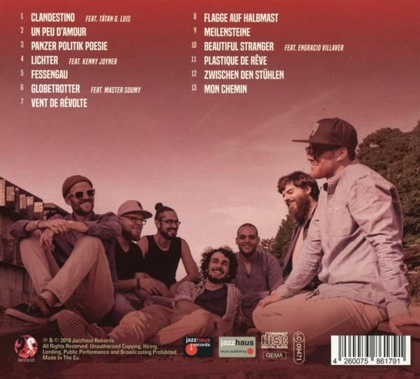 CD-Cover mit Bandmitgliedern. Text enthält Titelliste und Credits.
