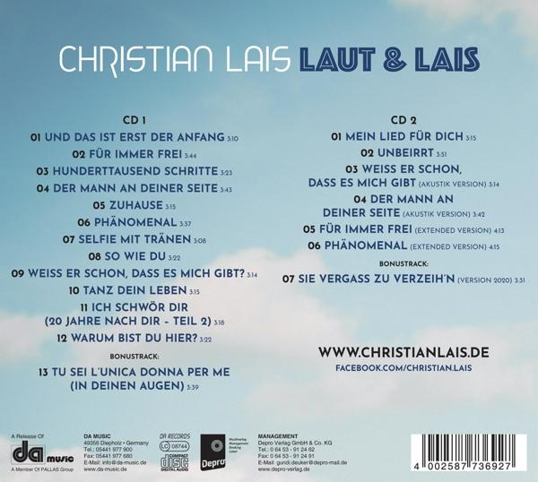 Rückseite einer CD-Hülle mit Titellisten und Informationen zu 'Christian Lais Laut & Leise'.