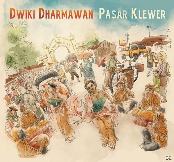 Illustration einer Marktszene mit Tänzern, Musikern und Menschen in traditioneller indonesischer Kleidung.