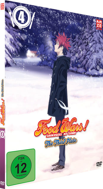 DVD-Cover von 'Food Wars!' Anime. Eine Person im Mantel steht in einem verschneiten Wald.