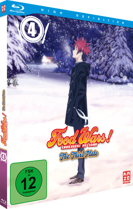 Blu-ray-Disc-Hülle von 'Food Wars!' mit einer Manga-Illustration eines Mannes in einer Winterszene.