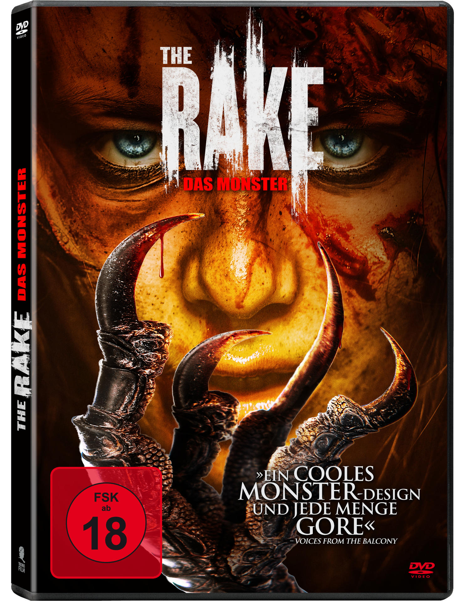DVD-Hülle des Films "The Rake". Sie zeigt eine Monsterhand mit Krallen und eine Nahaufnahme von Augen.