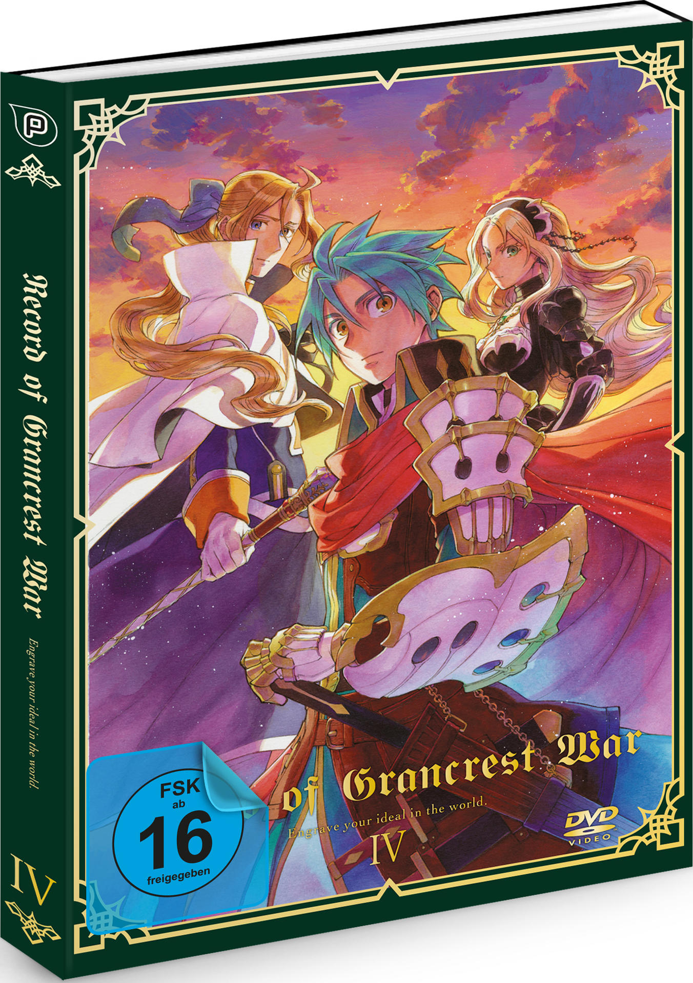 DVD-Hülle mit Anime-Charakteren auf dem Cover, grüner Rücken mit Text und goldenem Rahmen.