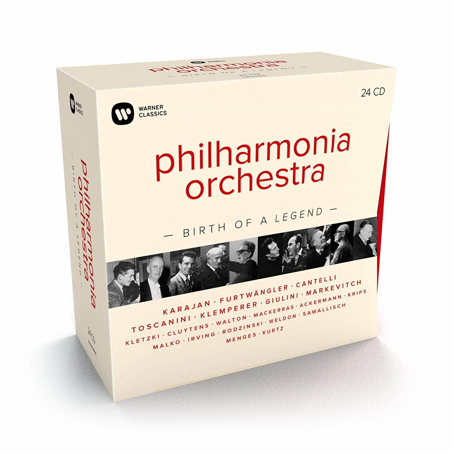 Cremefarbenes CD-Box-Set, Philharmonia Orchestra, mit Fotos von Dirigenten.