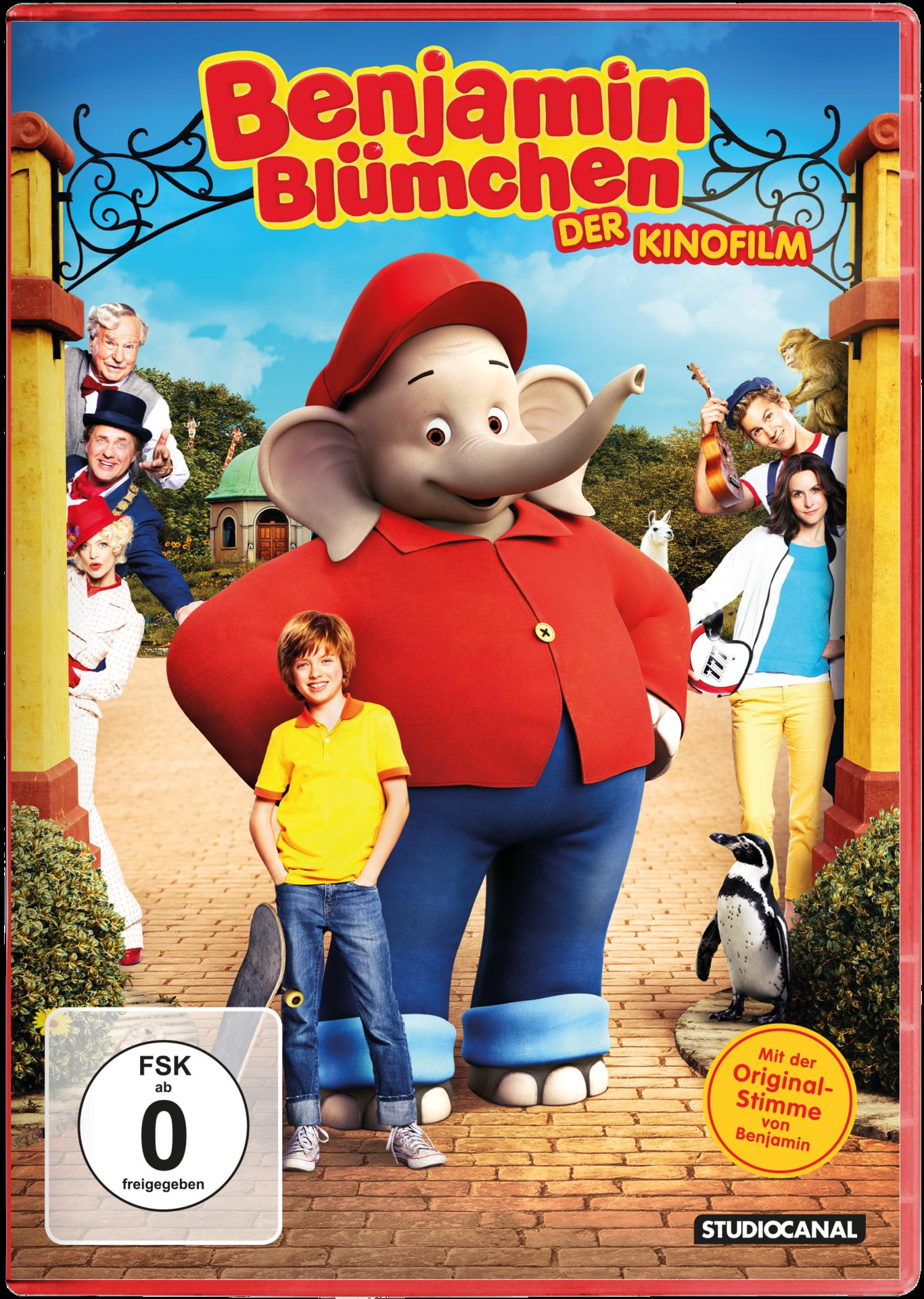 DVD-Cover von Benjamin Blümchen. Ein Elefant mit einem Kind, Zeichentrickfiguren und eine Parkszene.