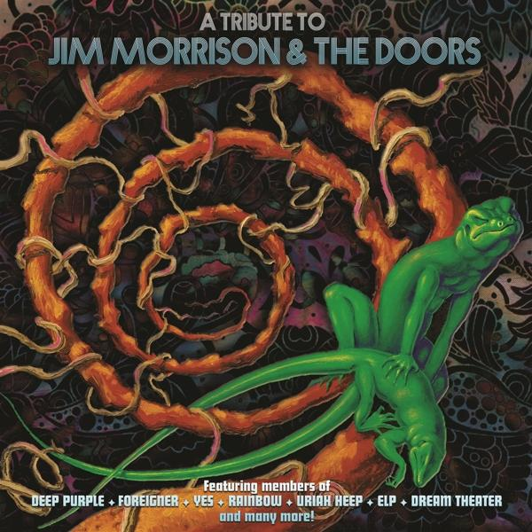 Albumcover: Psychedelische Kunst mit Eidechsen und Jim Morrison & The Doors Tribute.