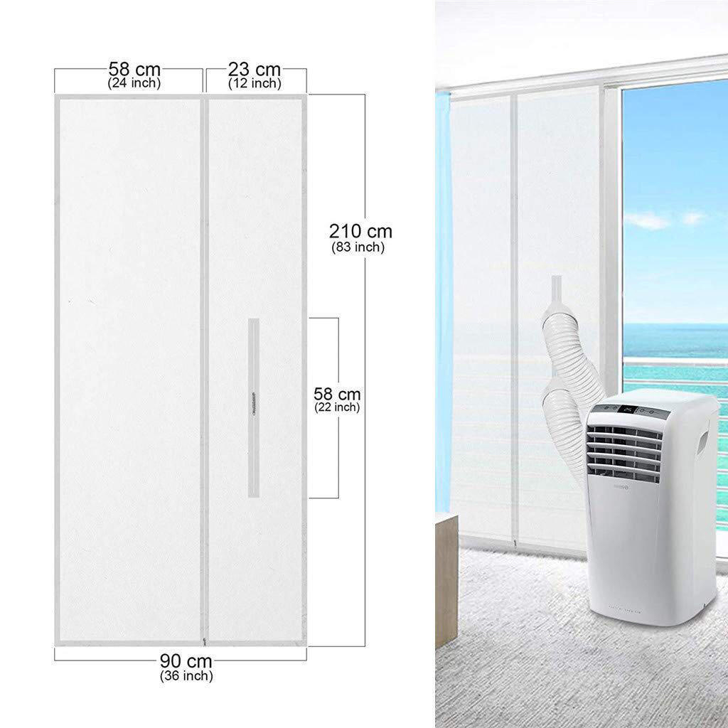 Ein weißes tragbares Klimagerät mit Maßen und einem Fensterabdichtungs-Kit rechts.