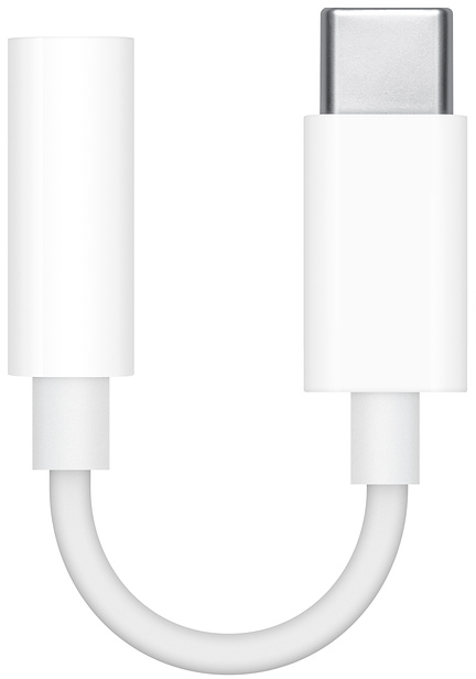 Egy fehér USB-C - 3,5 mm-es fejhallgató-csatlakozó adapter.