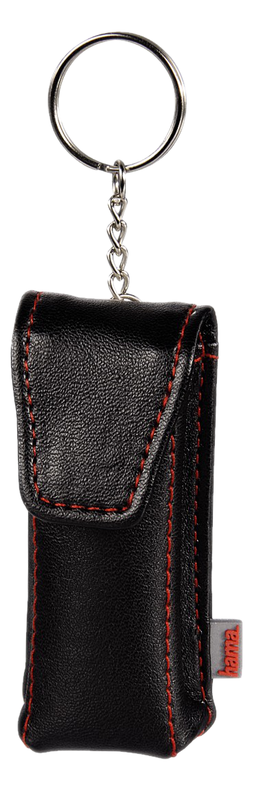 Un porte-clés en cuir noir avec des coutures rouges, un porte-clés argenté et une étiquette grise.