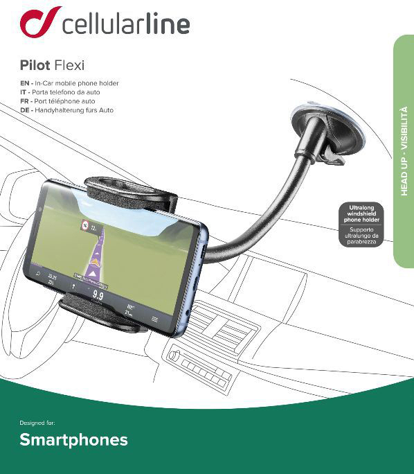 Ein Telefonhalter für die Windschutzscheibe eines Autos. Ein Telefon zeigt eine Navigations-App.