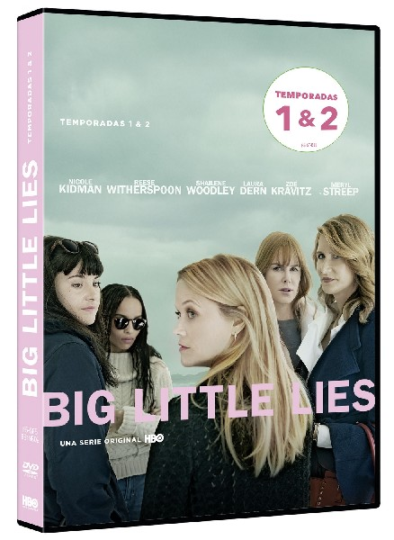 Portada de DVD: Big Little Lies, grupo de mujeres, texto e información de la temporada 1 y 2.